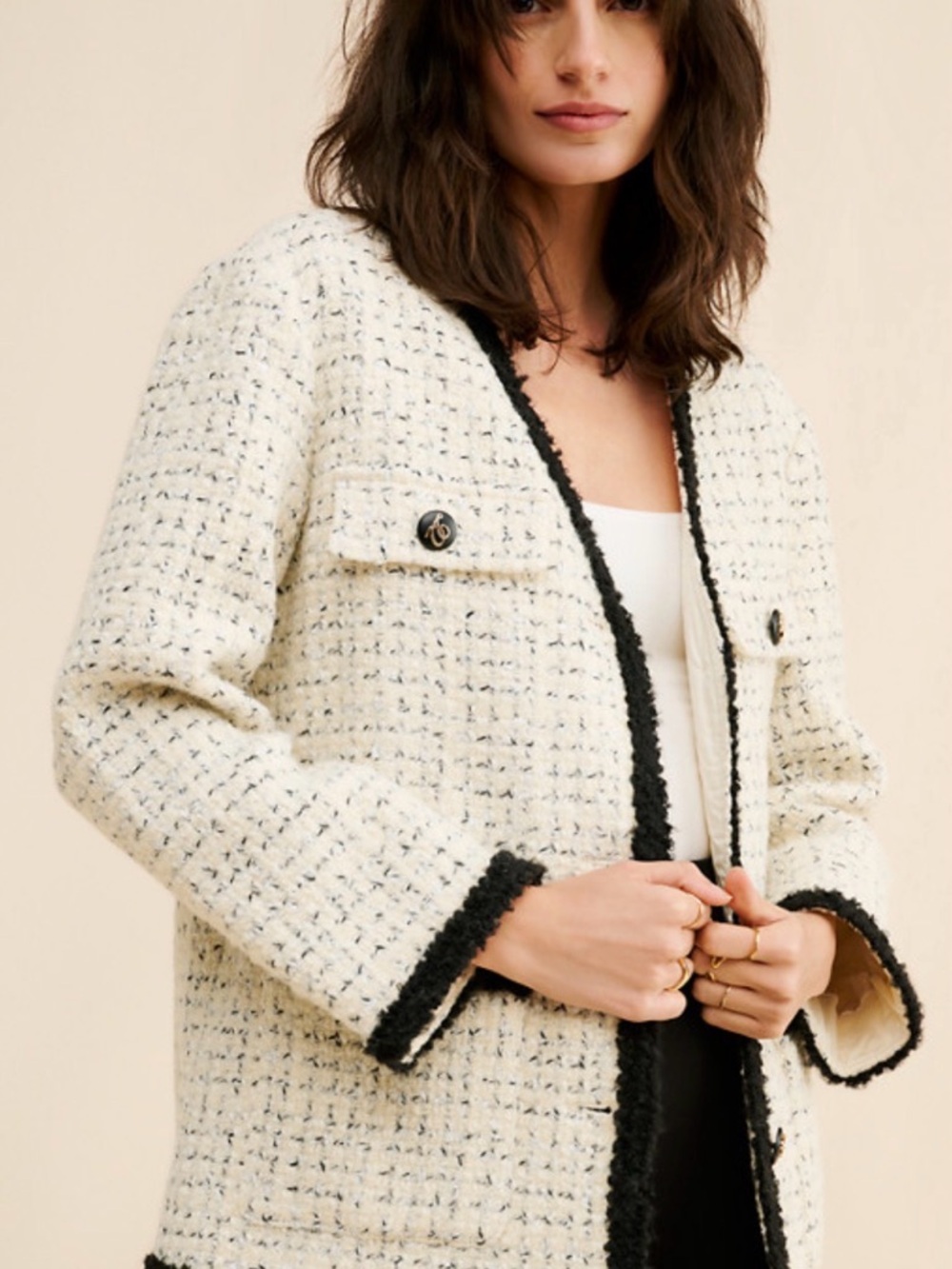 Astr Cream Tweed Open-Front Jacket with Black Trim